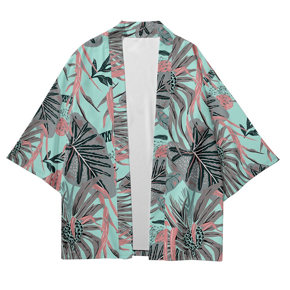Light Blue Tropical kimono shirt laid flat showing open front and leaf print