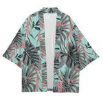 Light Blue Tropical kimono shirt laid flat showing open front and leaf print