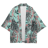 Light Blue Tropical kimono shirt laid flat showing open front and leaf print