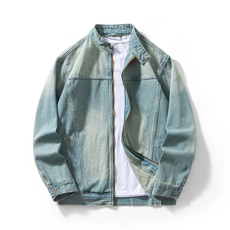 Washed denim zip jacket, front view