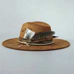 Light Camel Distressed wide-brim cowboy hat angled view with studded band and dual feather accent
