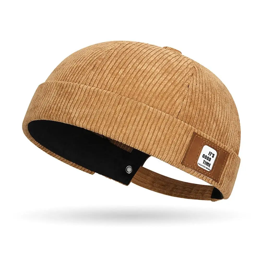 Light Coffee Interior view of brimless corduroy docker cap showing lining