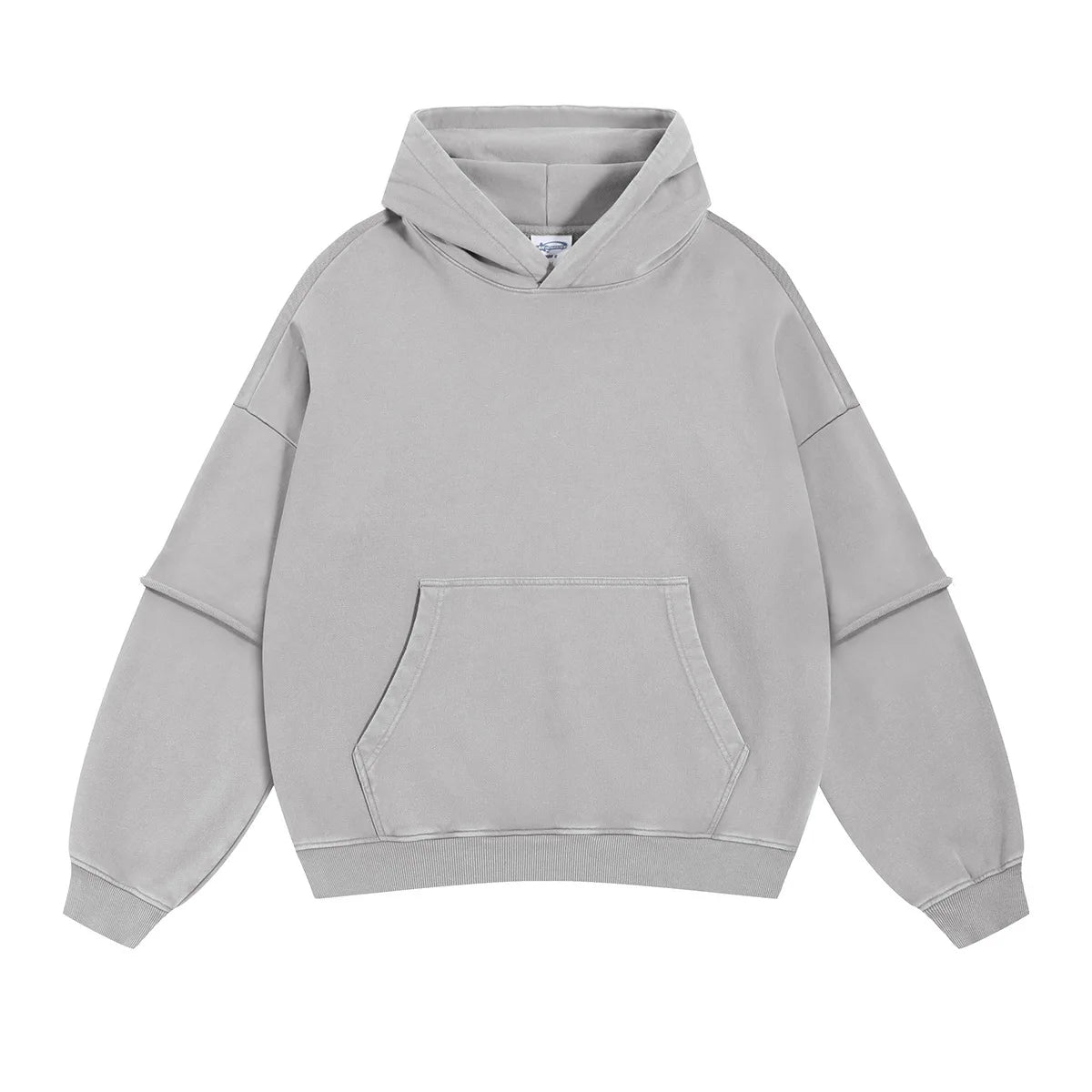 Light Gray Acid wash loose fit raw edge hoodie — flat lay
