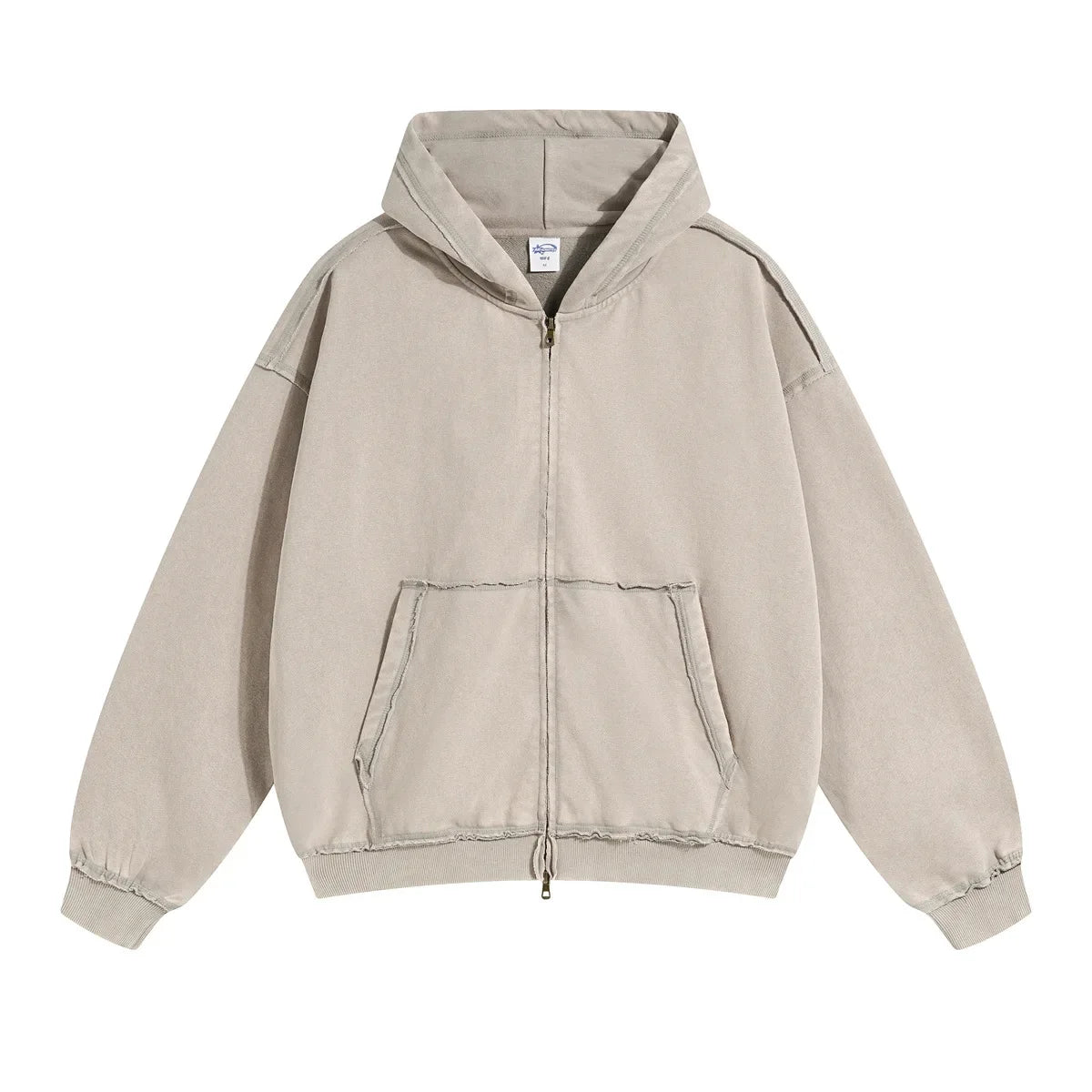 Light Gray Acid wash zip-up hoodie, ribbed hem detail