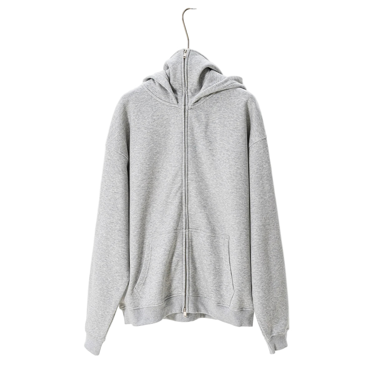 Gray hoodie on a hanger against a white background
