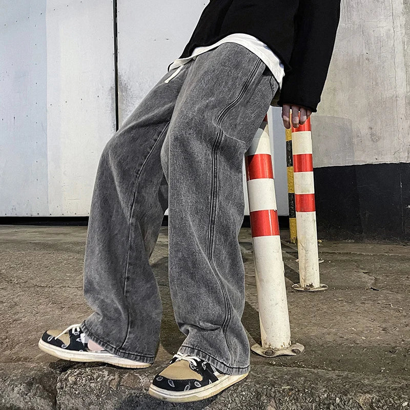 Light Gray Men's wide-leg loose jeans, styled on model