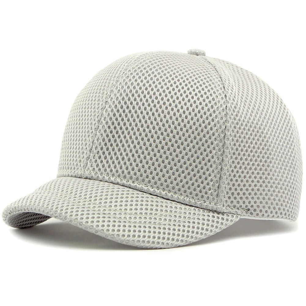 Light Grey Close-up of short brim and structured front panel on mesh snapback cap