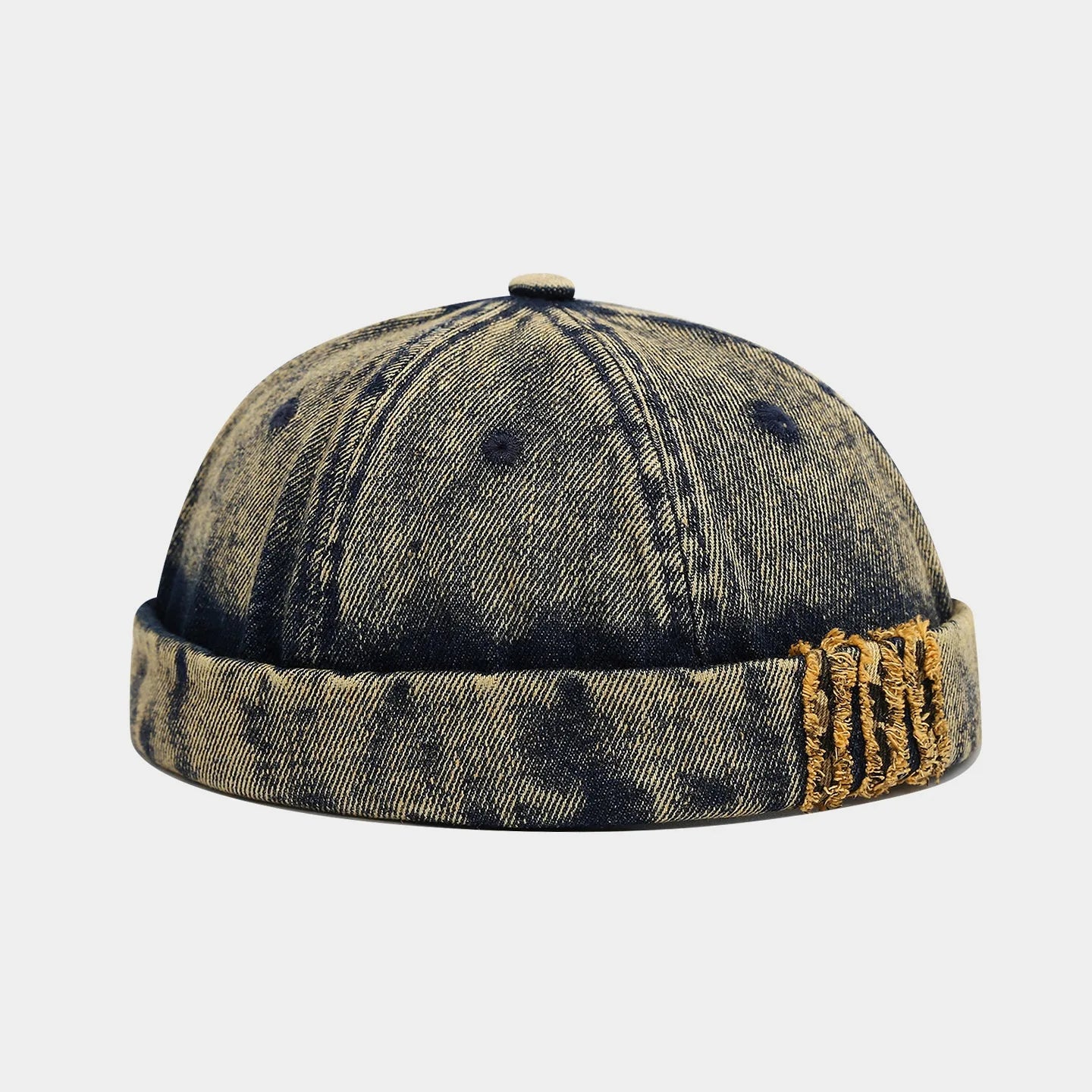 Light Yellow Distressed denim docker cap, top view