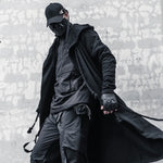 Longline hooded cloak coat, back view