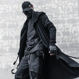 Longline hooded cloak coat, back view