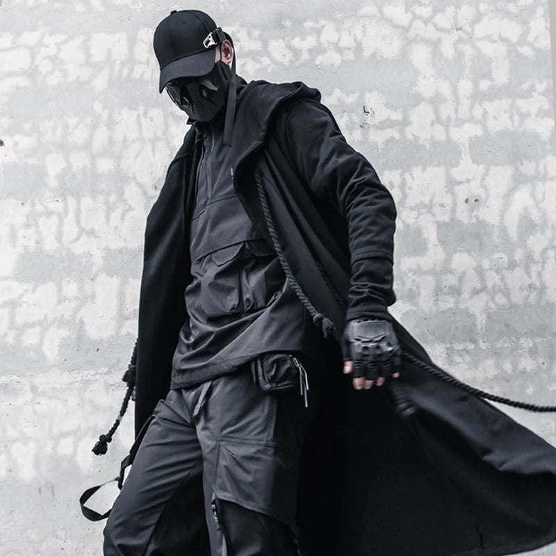 Longline hooded cloak coat, back view
