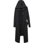 Longline hooded cloak coat, collar and closure detail