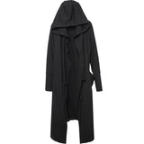 Longline hooded cloak coat, collar and closure detail