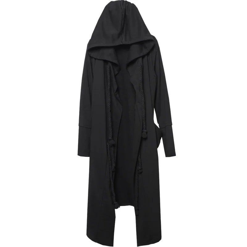 Longline hooded cloak coat, collar and closure detail
