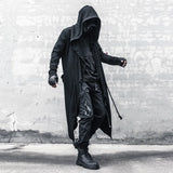 Longline hooded cloak coat, front view