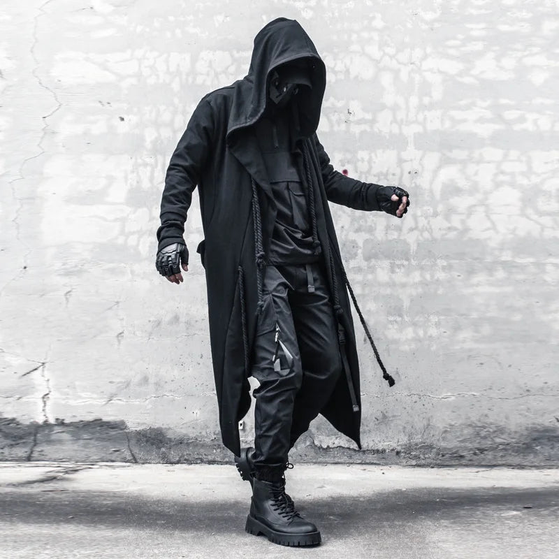 Longline hooded cloak coat, front view