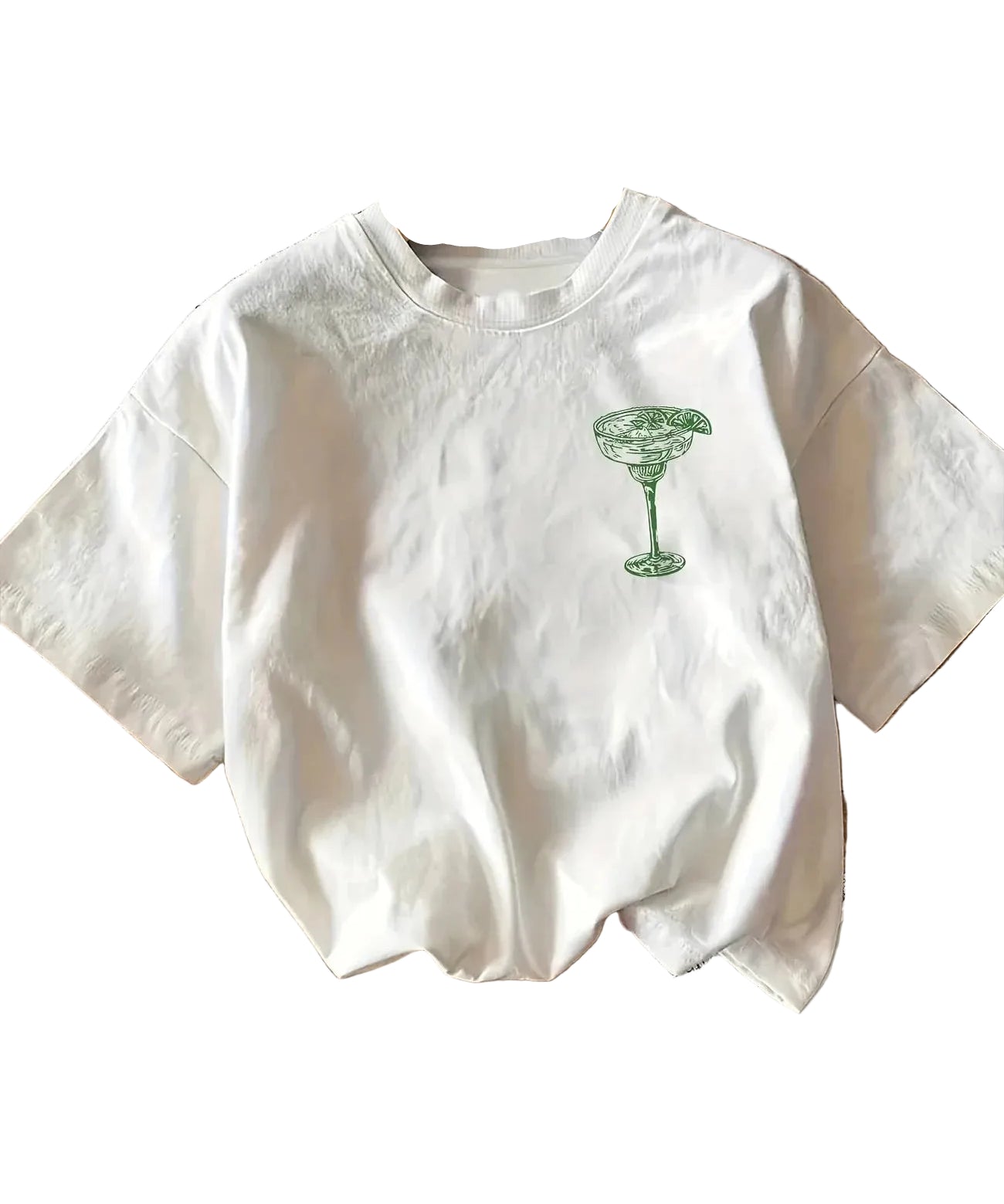 Close-up detail of Margarita Cocktail Club cartoon graphic print on women's white cotton tee