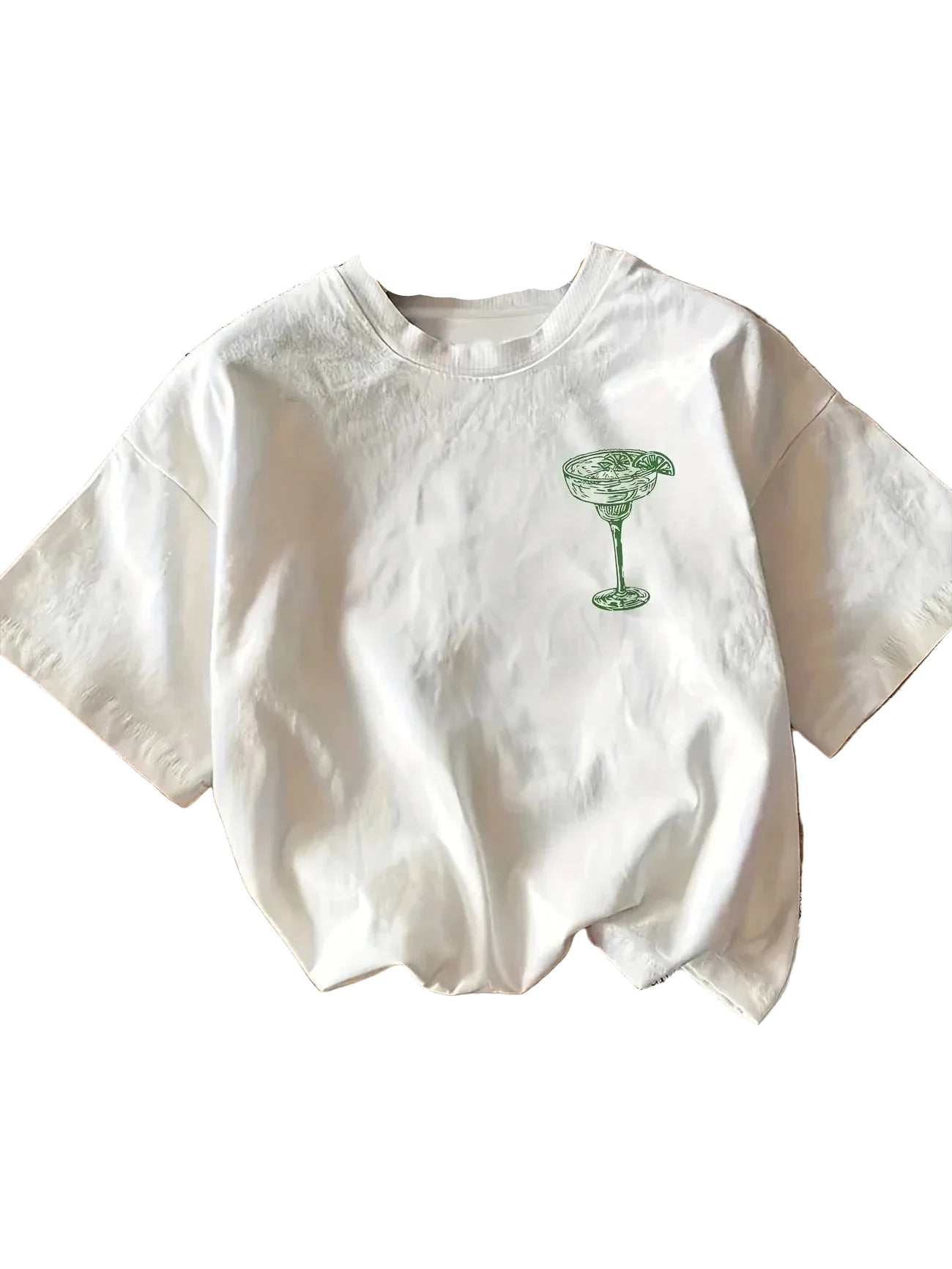 Close-up detail of Margarita Cocktail Club cartoon graphic print on women's white cotton tee