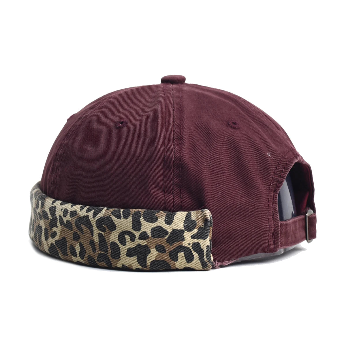 Maroon baseball cap with leopard print visor on a white background