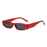 Red sunglasses with a white background