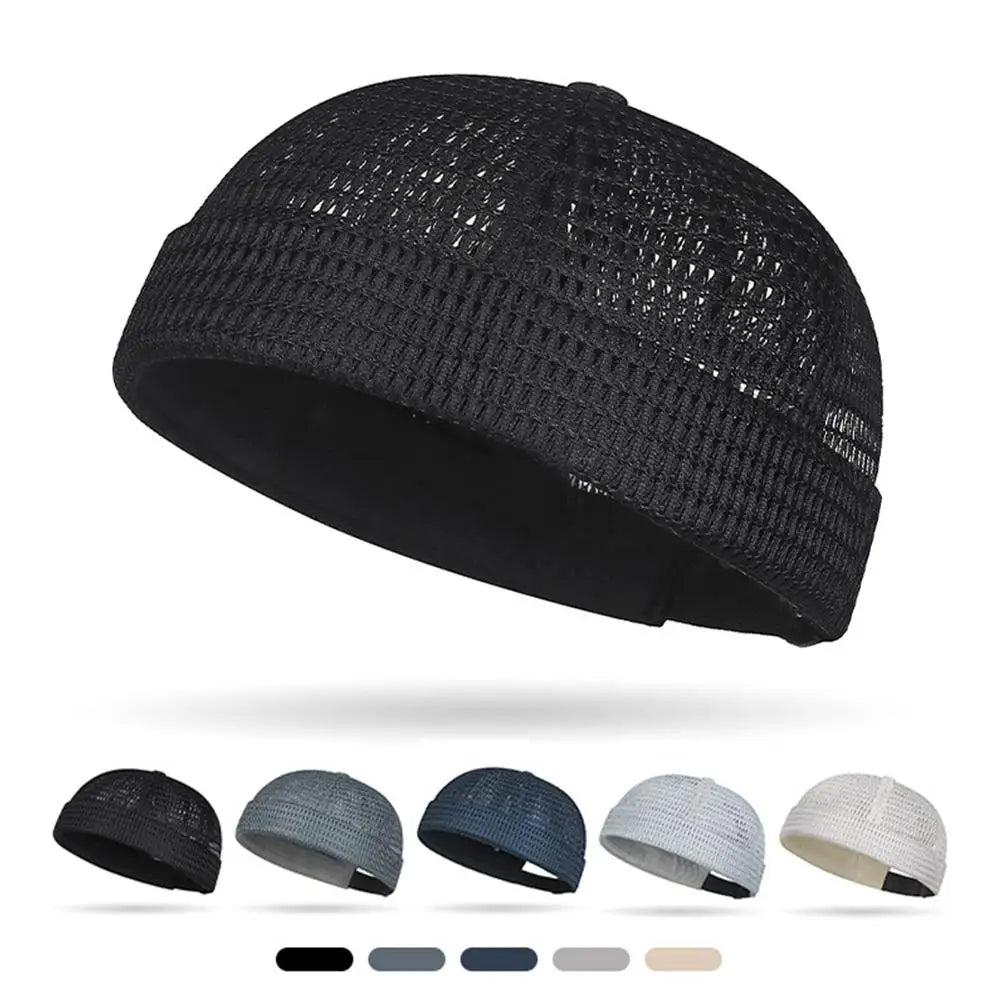 Close-up detail of mesh weave on brimless docker cap
