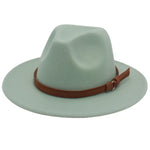 Mint Green Suede fedora hat at side angle showing wide flat brim and slim belt band