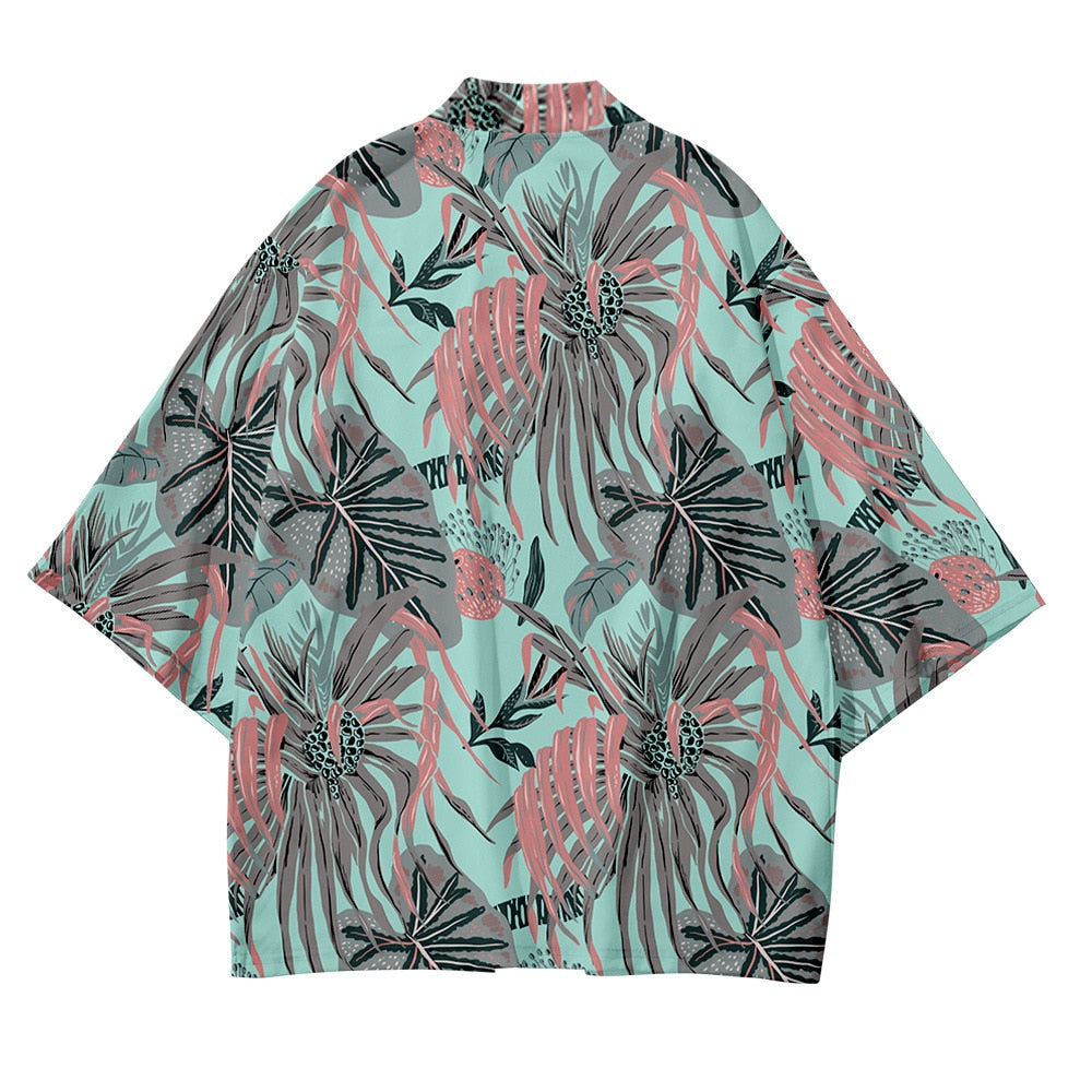 Mint Green Tropical kimono shirt laid flat showing back panel with leaf print