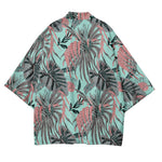 Mint Green Tropical kimono shirt laid flat showing back panel with leaf print