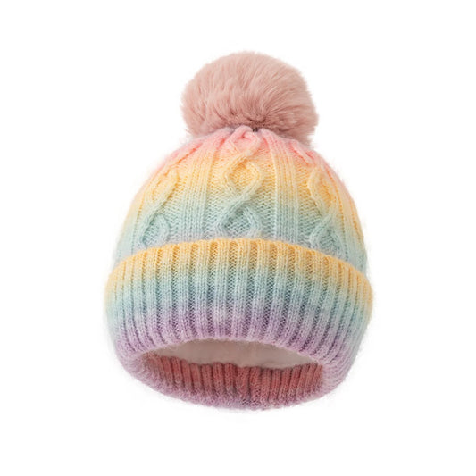 Colorful knit beanie with a pom-pom on a white background