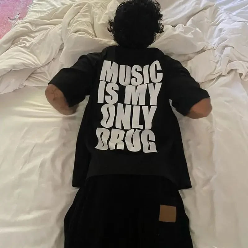 Music Is My Only Drug oversized graphic tee, front view