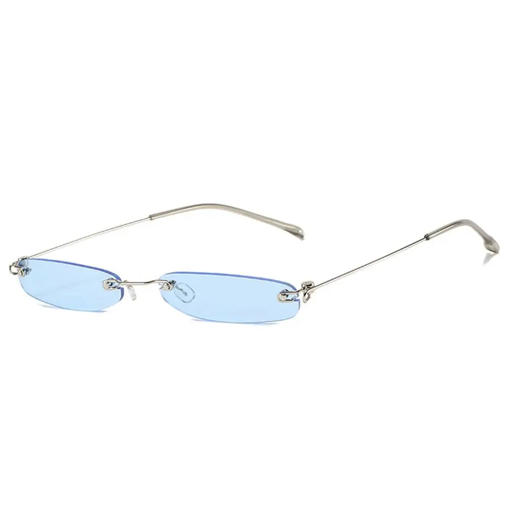 Sunglasses with blue lenses and thin metal frame on a white background