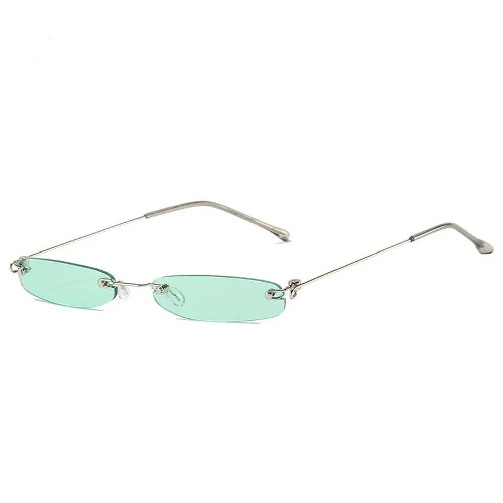 Green-tinted sunglasses with thin metal frame on a white background
