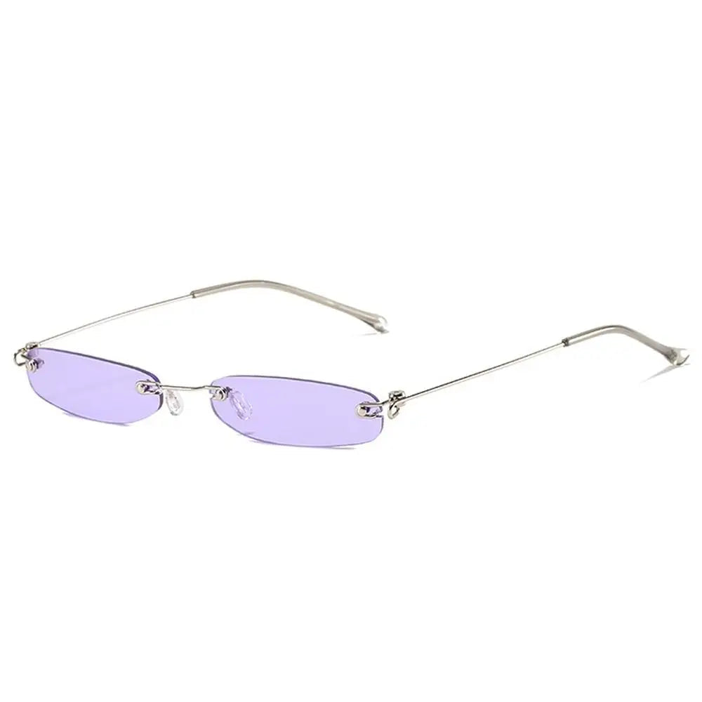 Sunglasses with purple lenses and thin metal frame on a white background