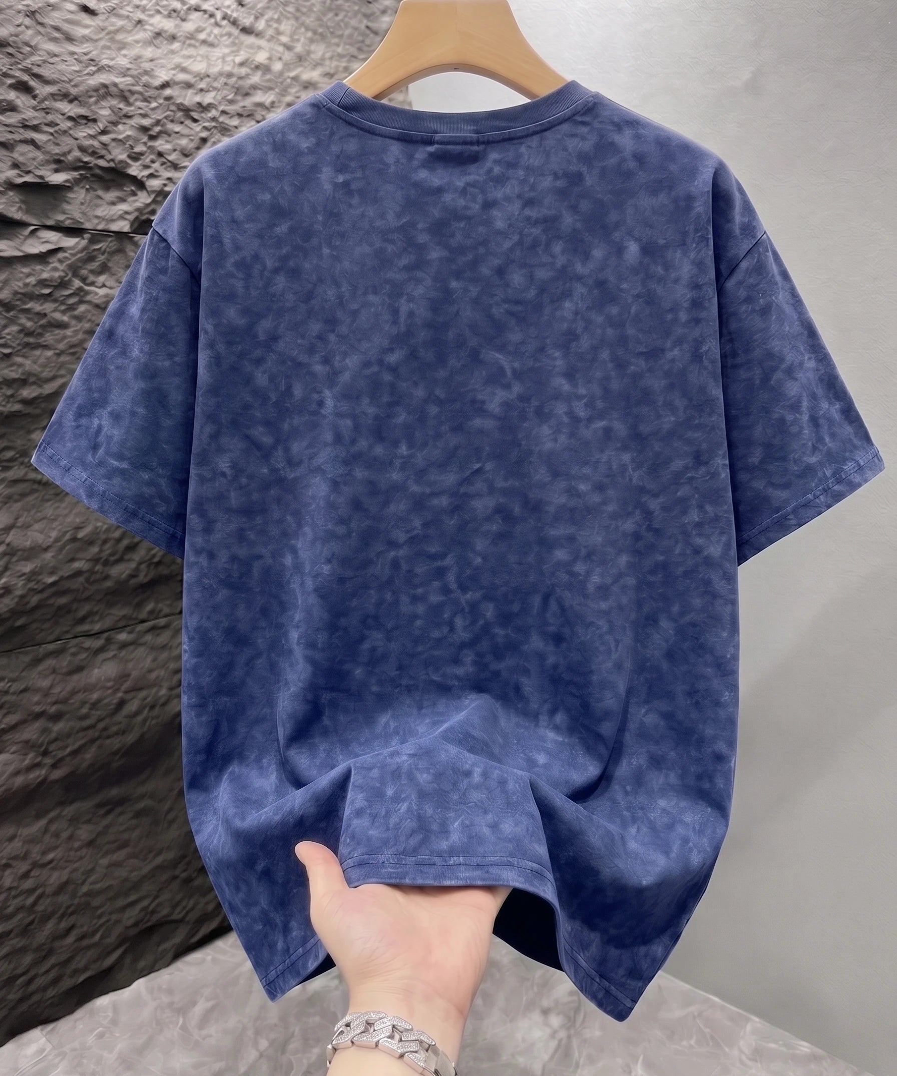 Navy Blue Mineral washed oversized graphic tee worn, side view