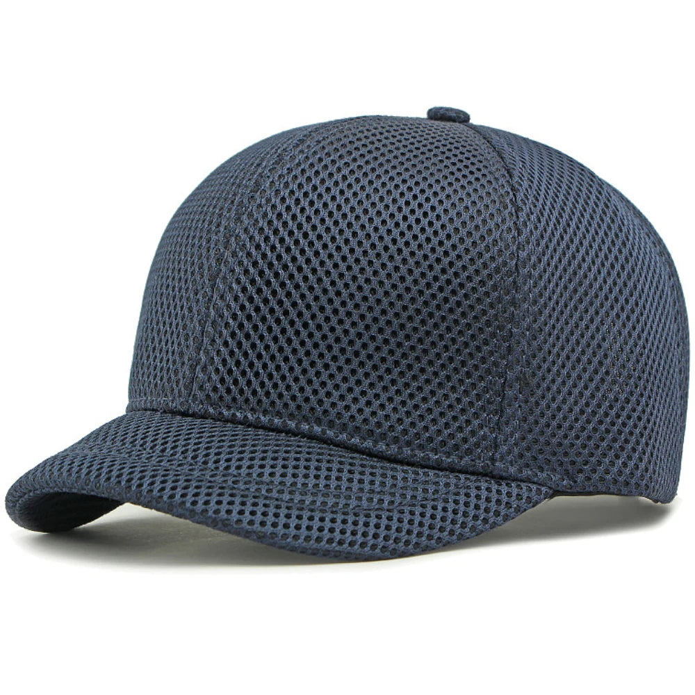 Navy Blue Short brim mesh snapback baseball cap, front view, solid colorway