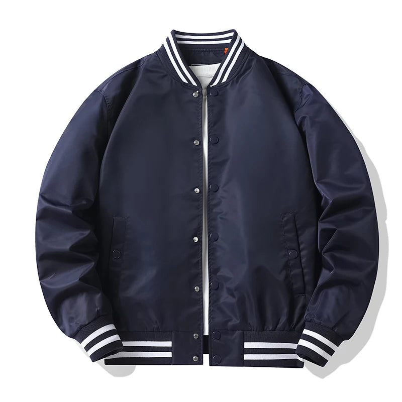 Navy blue bomber jacket with white accents on a white background