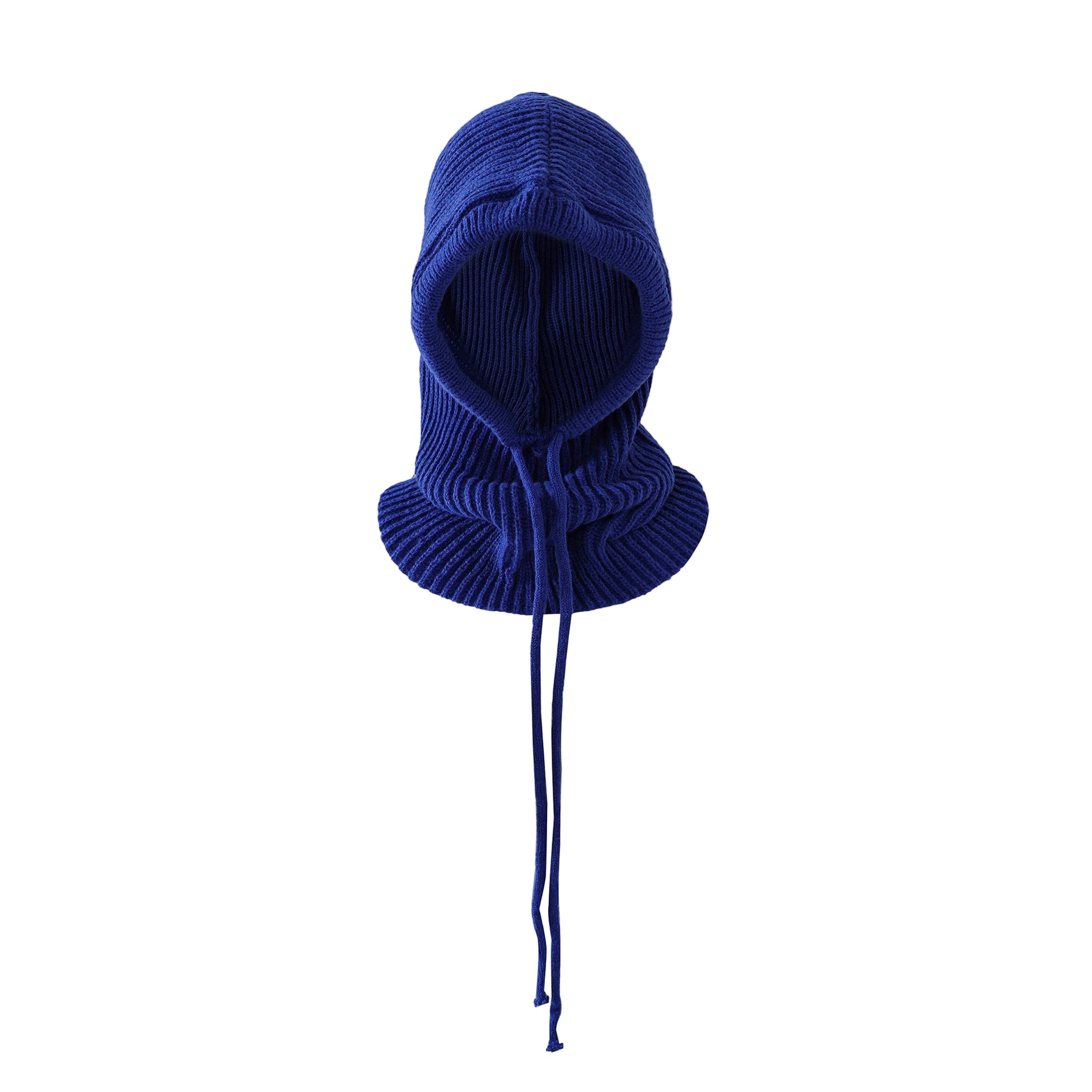 Blue knitted balaclava on a light gray background
