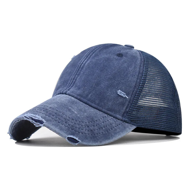 Navy Distressed vintage wash trucker hat worn, front view
