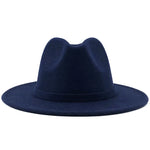 Navy Fedora hat shown in front view with pinched crown and wide brim