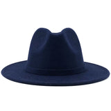 Navy Fedora hat shown in front view with pinched crown and wide brim