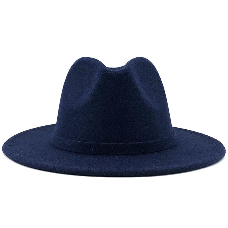 Navy Fedora hat shown in front view with pinched crown and wide brim
