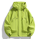 Bright green jacket with a hood on a white background