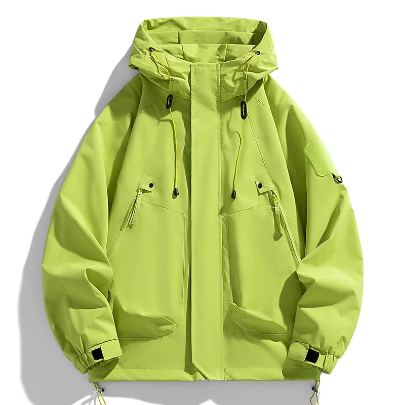 Bright green jacket with a hood on a white background