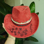 Orange Flower Distressed wide-brim cowboy hat flat lay, full product view