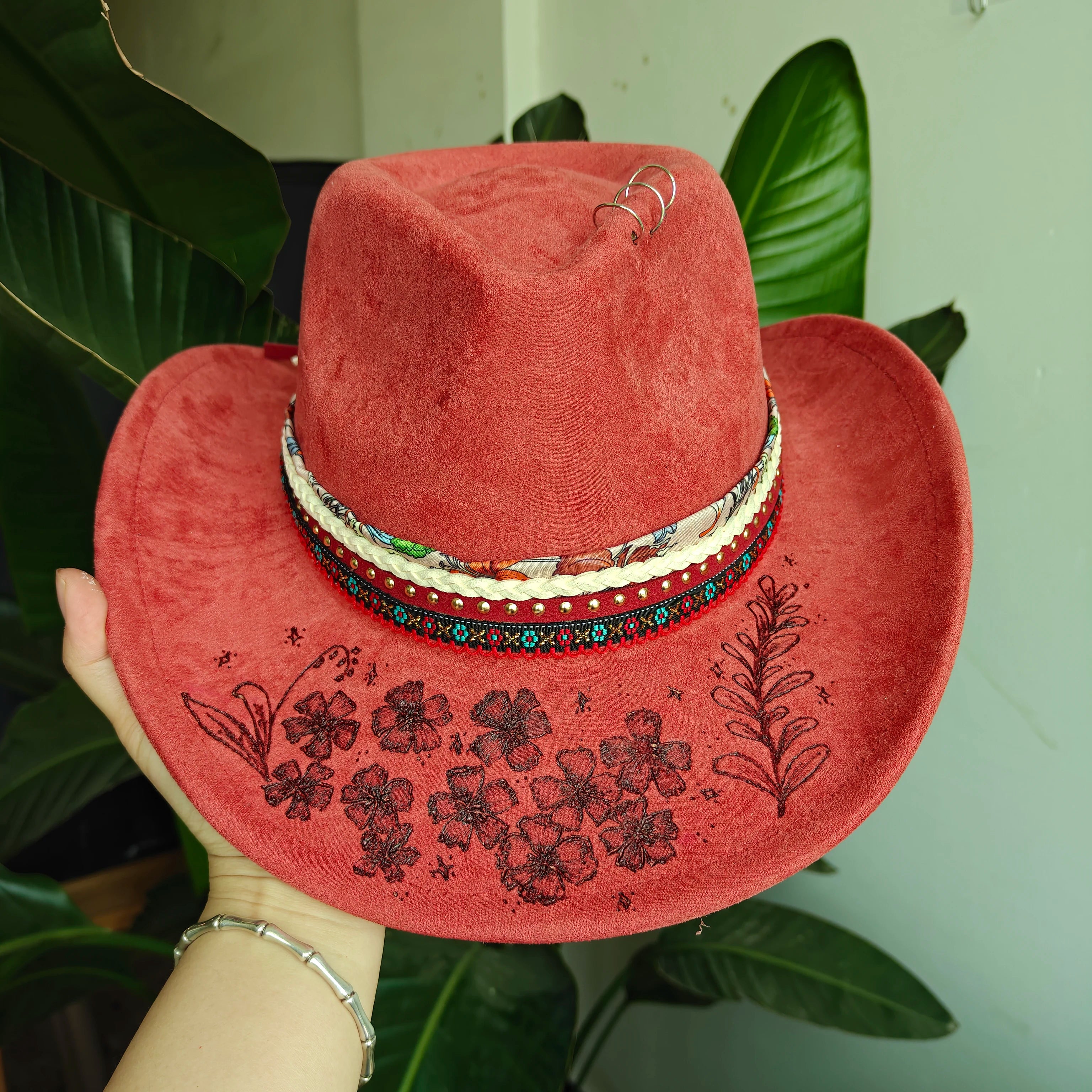 Orange Flower Distressed wide-brim cowboy hat flat lay, full product view