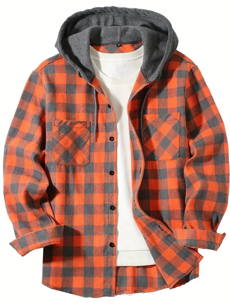 Orange Hooded flannel shirt, side view