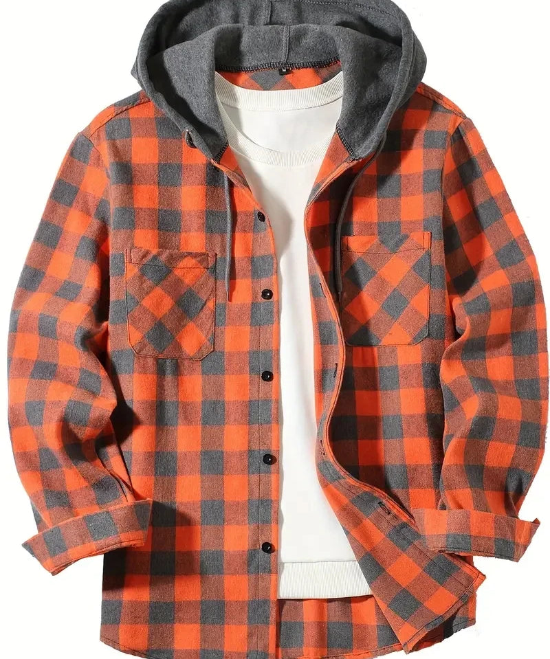 Orange Hooded flannel shirt, side view