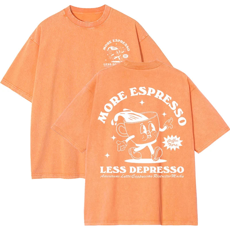 Orange More Espresso Less Depresso tee — graphic print detail shot