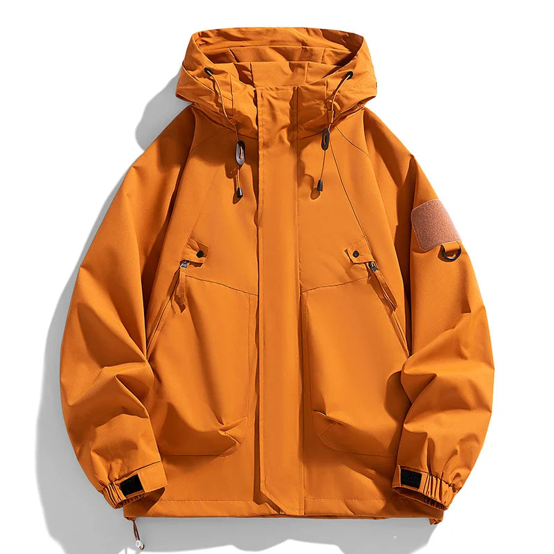 Orange jacket with a hood on a white background
