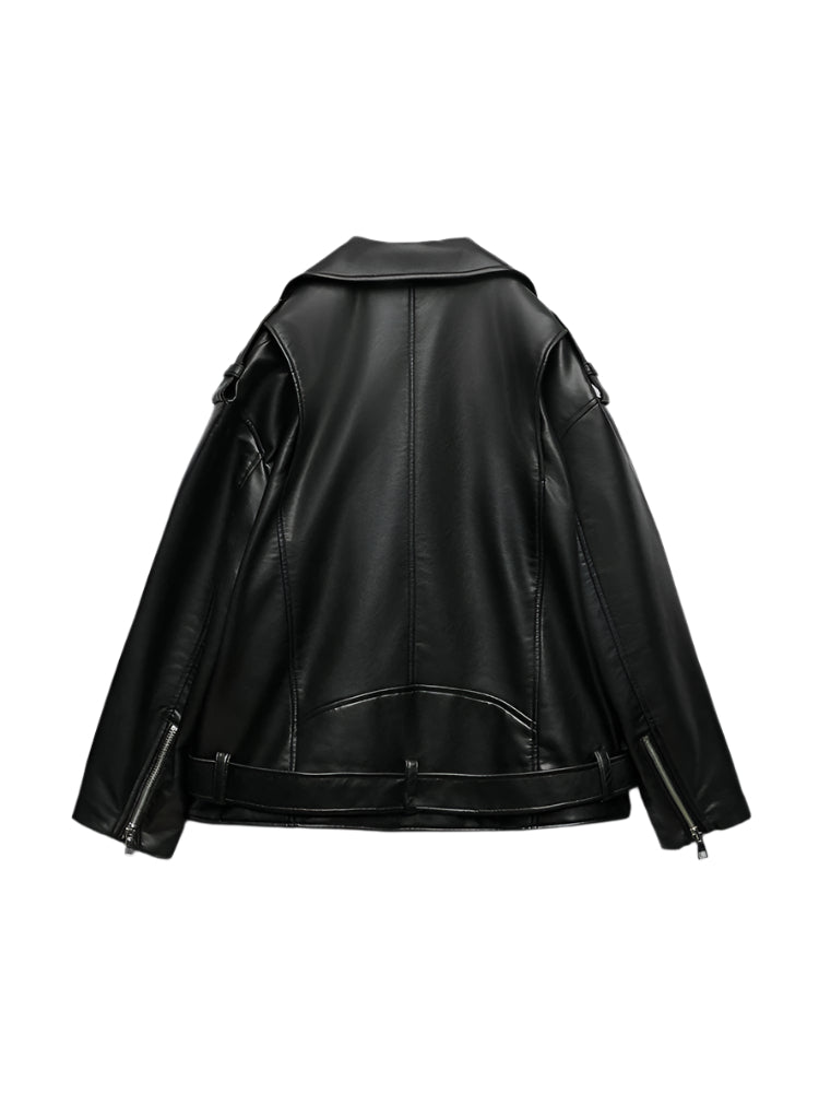 Oversized Biker Style Faux leather Jacket with Belt